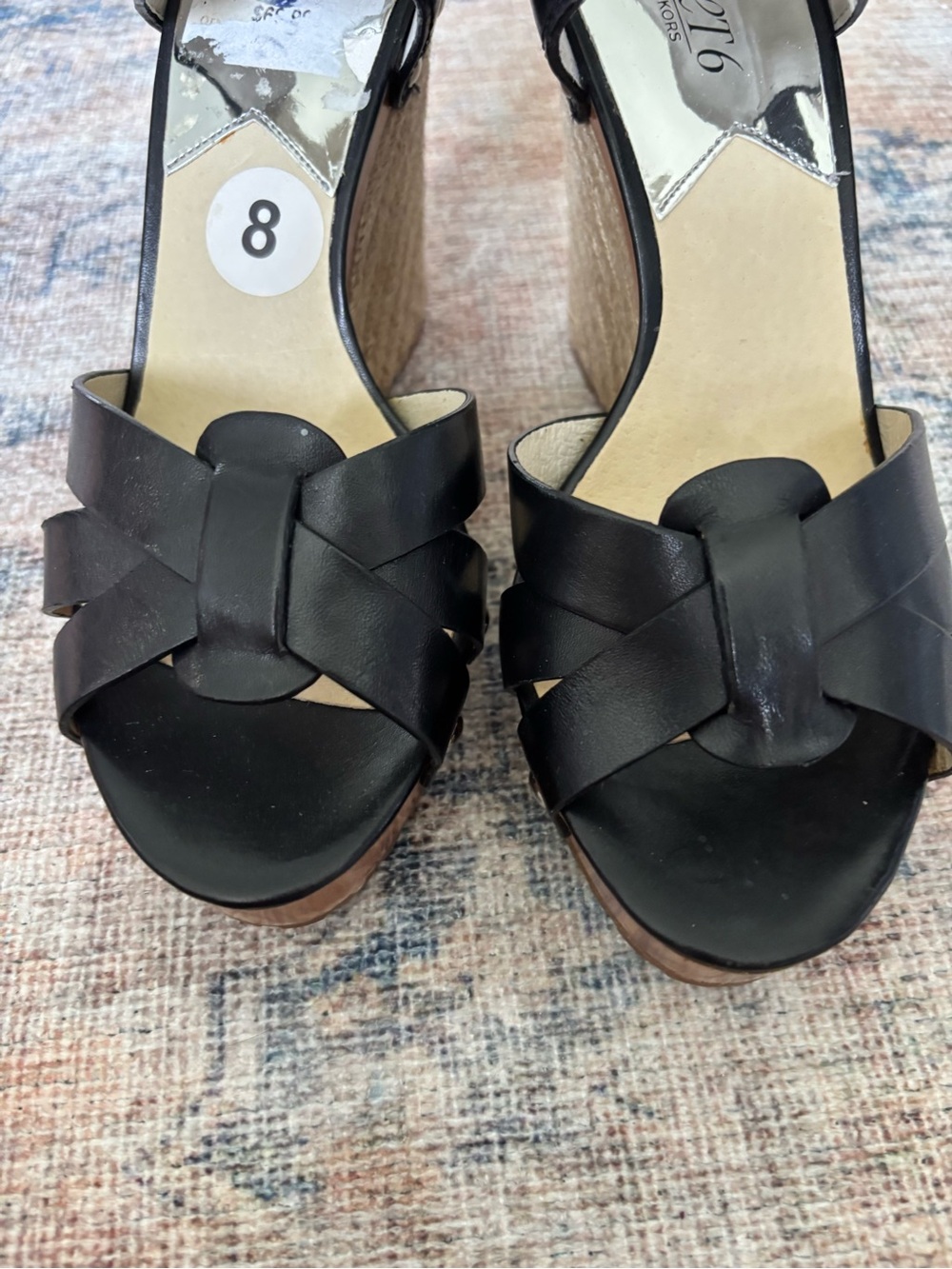 Michael Kors Black Leather Espadrille Wedge Sandals with Buckle - Picture 8 of 15